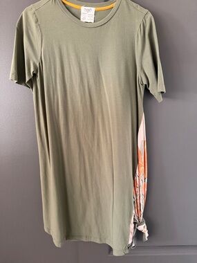 Anthropologie Olive Green Knit Mini Dress with Floral Side Tie